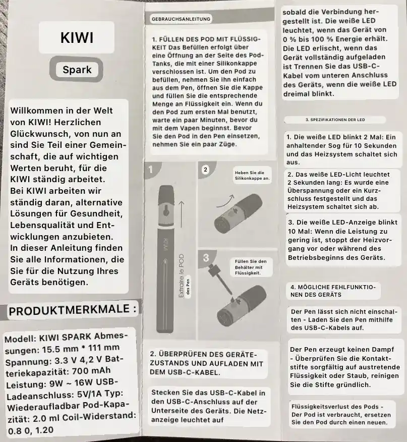 Kiwi Vapor Spark Anleitung uebersetzt in Deutsch